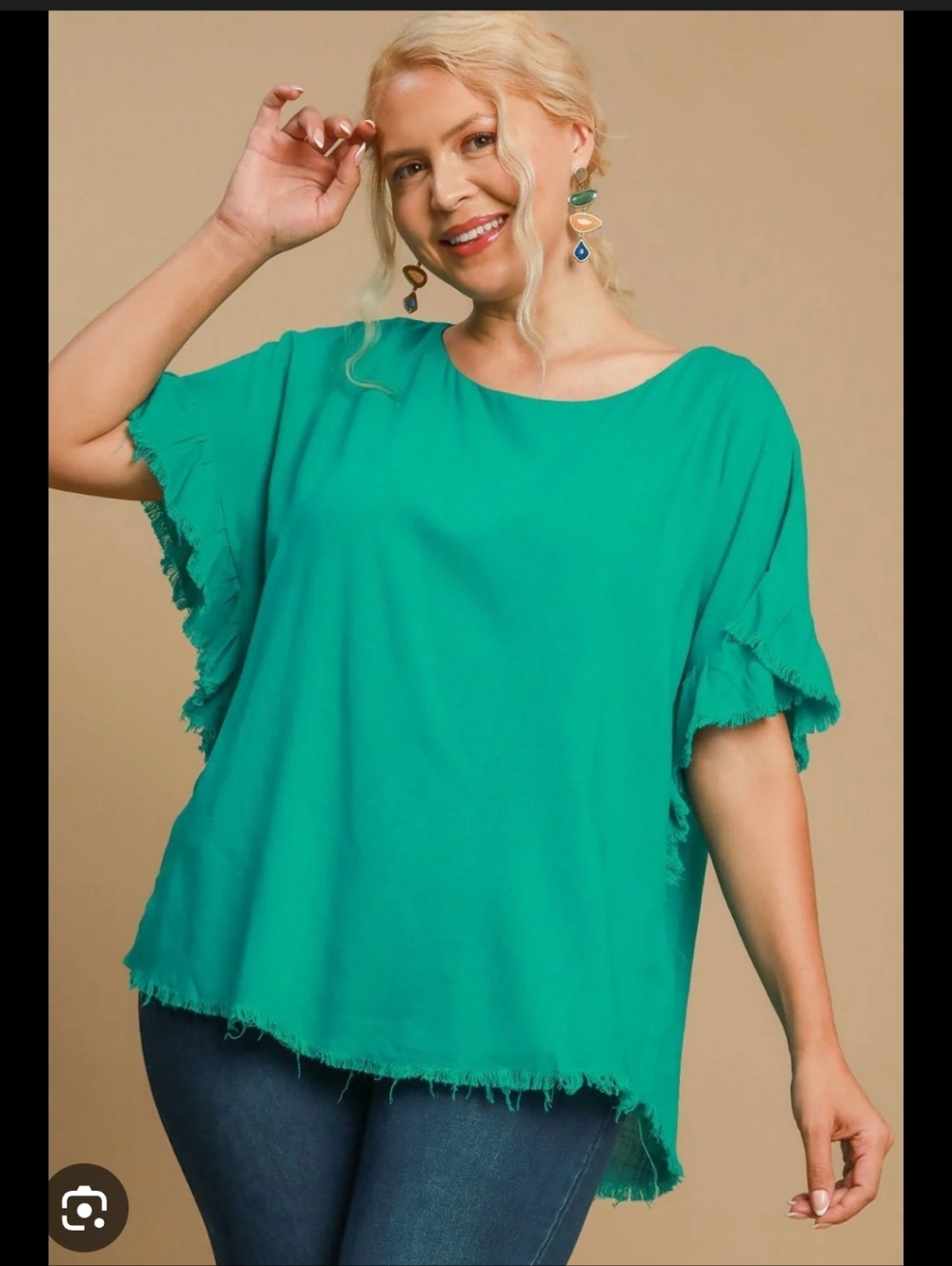 Umgee Full Size Raw Hem Ruffle Teal Frayed-Edge Short Sleeve Linen Blend Top XL